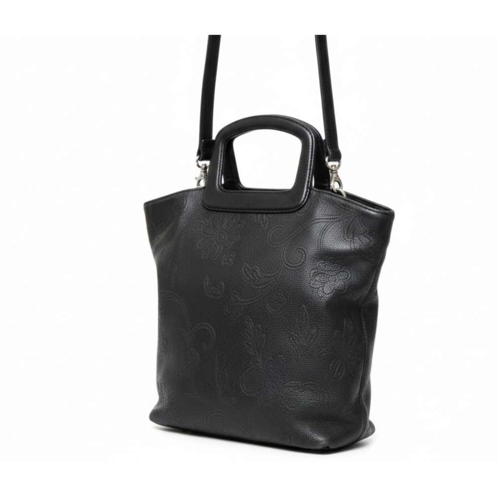 Fossil Tote Handbag Purse Black Floral Tooled Leather Double Handle‎